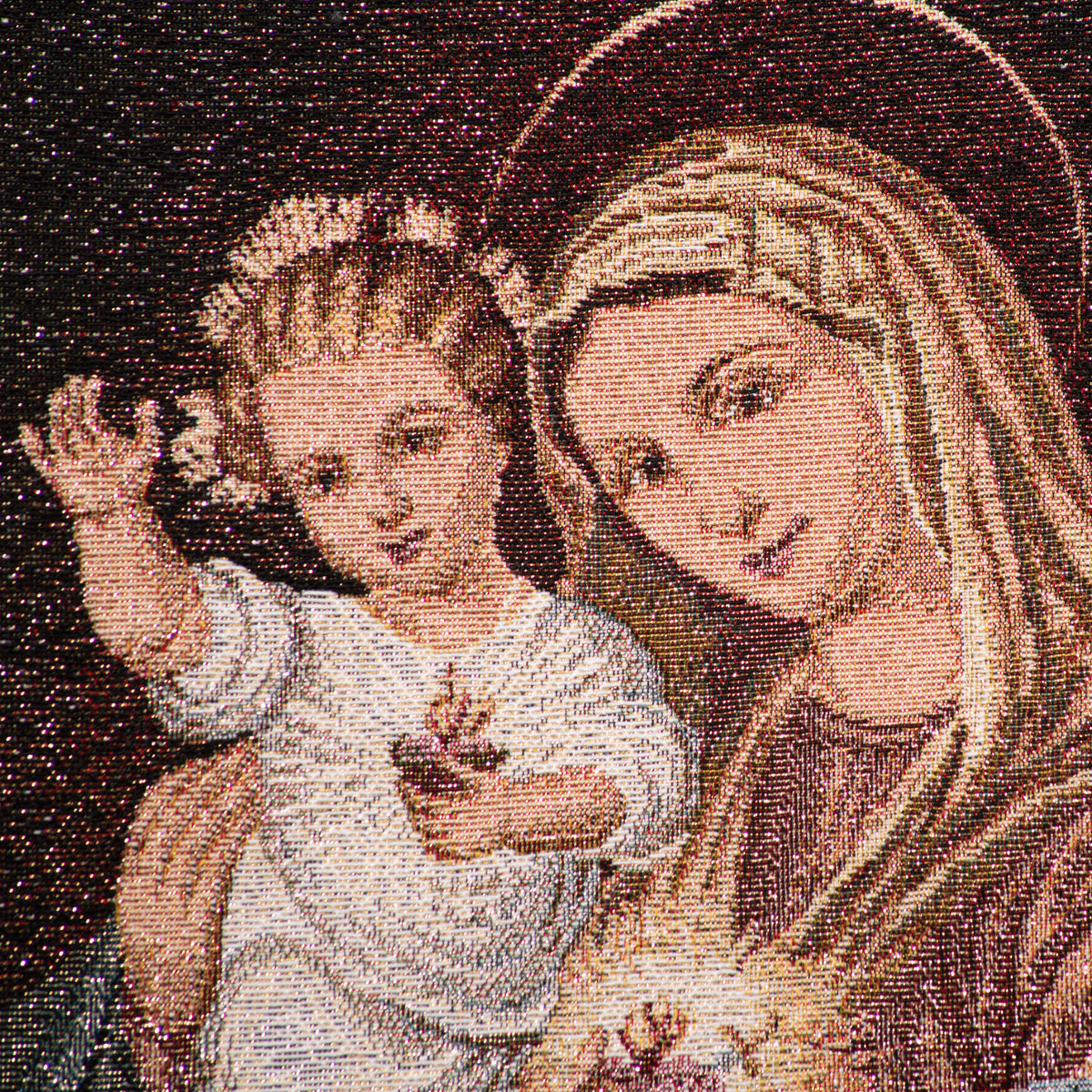 Gold cloth tapestry of the Sacred Heart of Mary and baby Jesus in