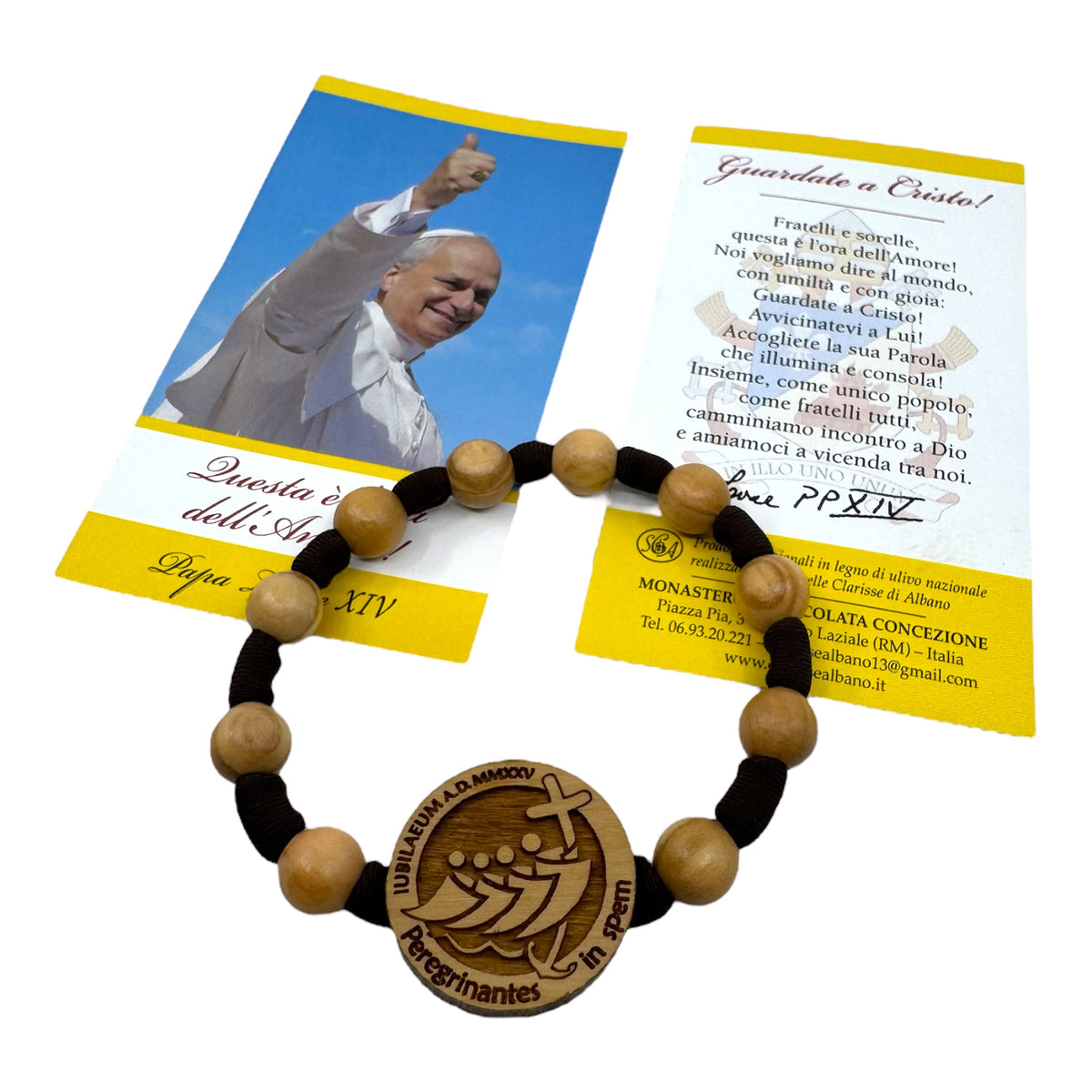 Bracciale corda blu regolabile Carlo Acutis croce tau grani legno ulivo