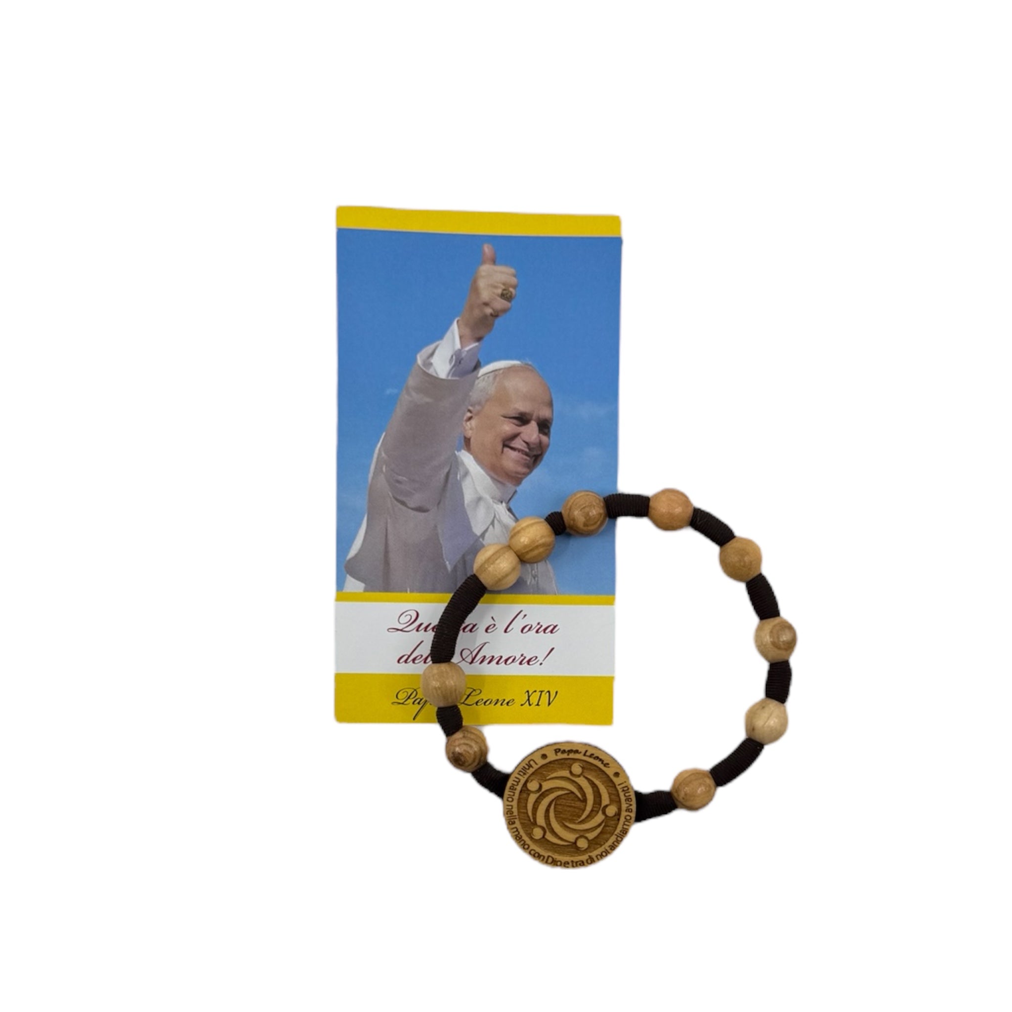 Bracciale in legno d'ulivo Sorelle Clarisse Giubileo 2025 Papa Leone XIV cartoncino - Galleria Mariana