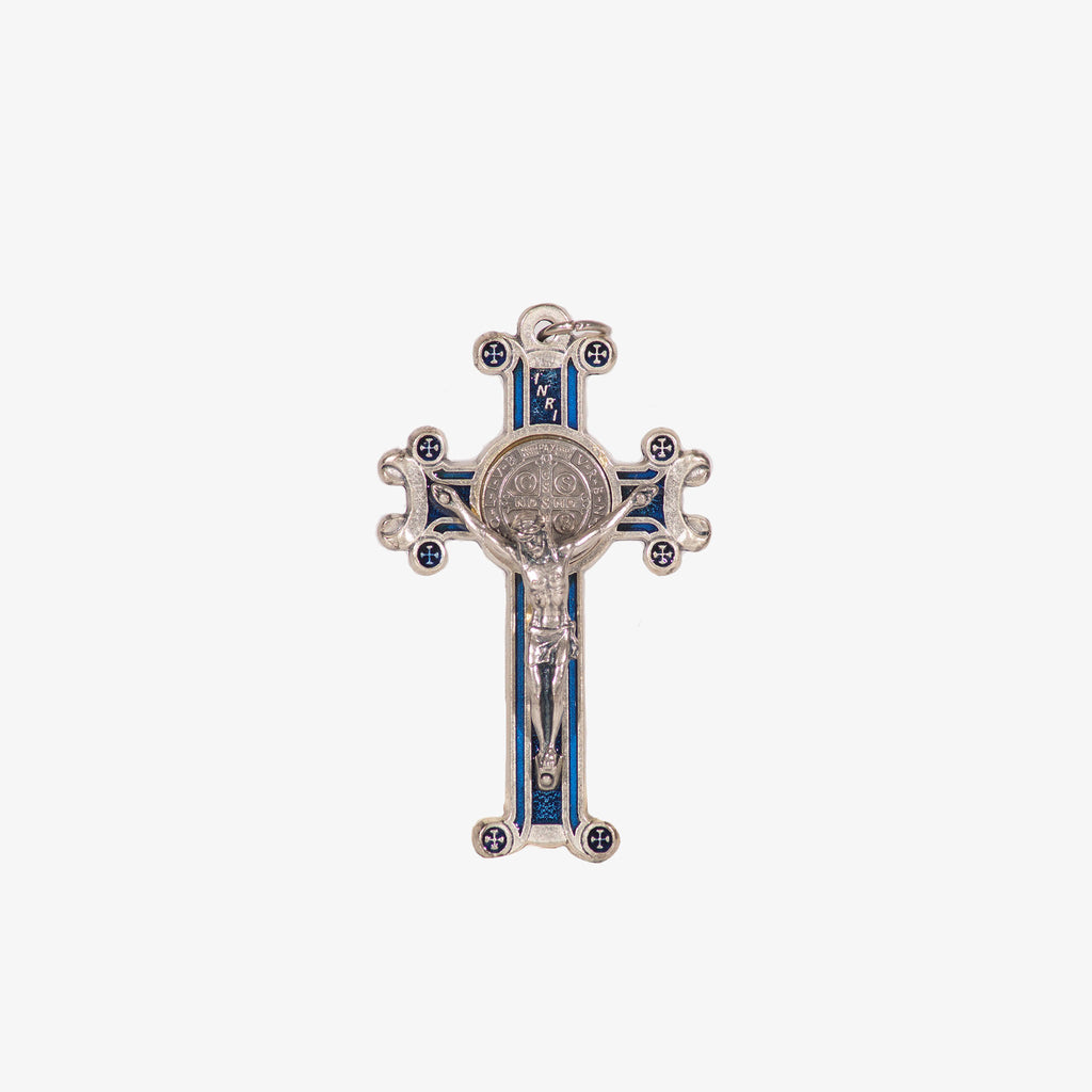 Crocifisso in nickel smaltato di San Benedetto blu - Galleria Mariana