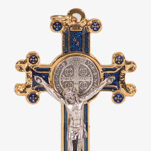 Particolare Crocifisso in nickel smaltato dorato di San Benedetto blu - Galleria Mariana