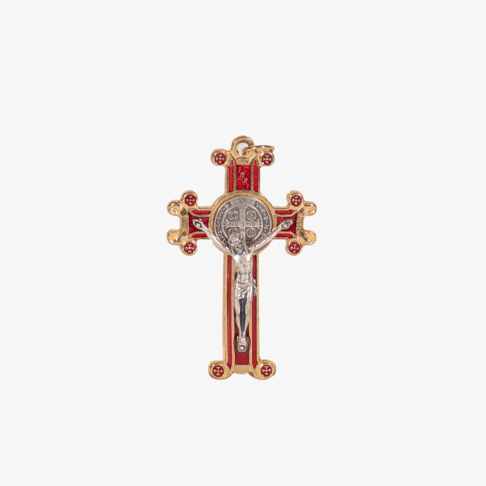 Crocifisso in nickel smaltato dorato di San Benedetto rosso - Galleria Mariana