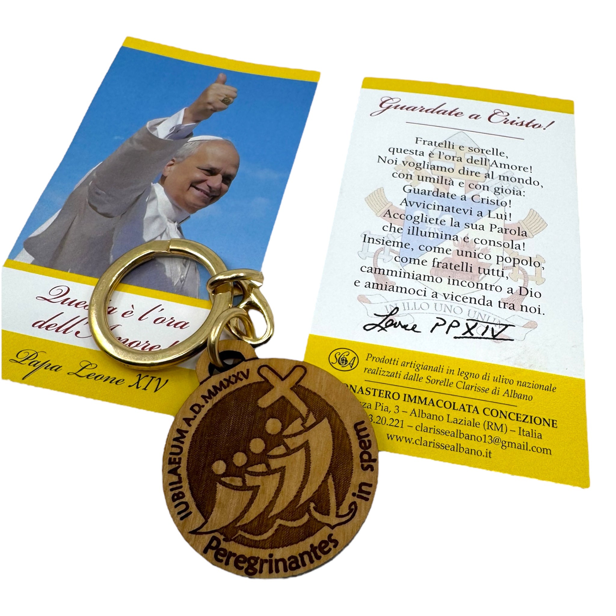 Portachiavi ufficiale del Giubileo in legno d'ulivo di Papa Leone XIV Sorelle Clarisse - Galleria Mariana