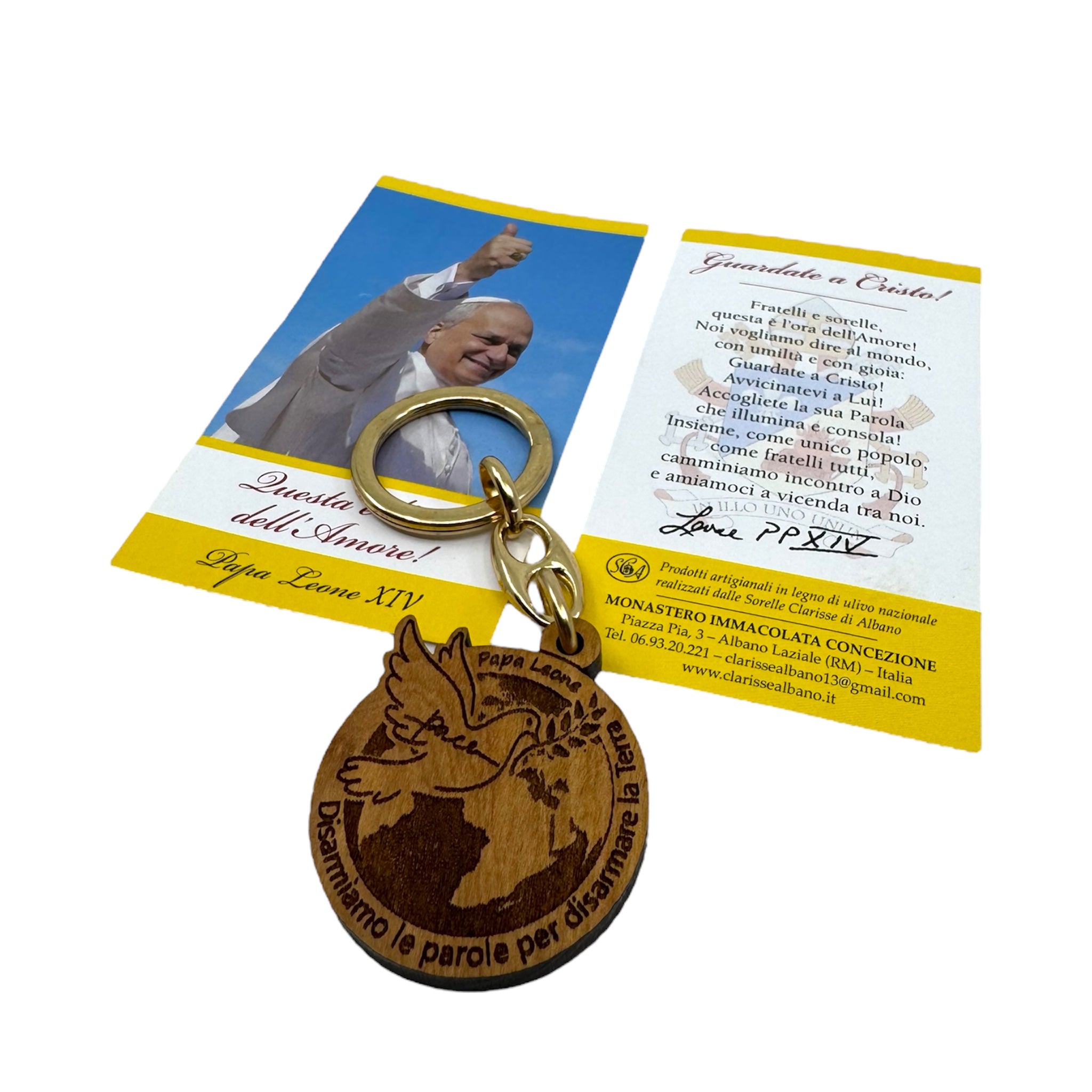 Portachiavi in legno d'ulivo Papa Leone XIV con colomba della pace preghiera - Galleria Mariana