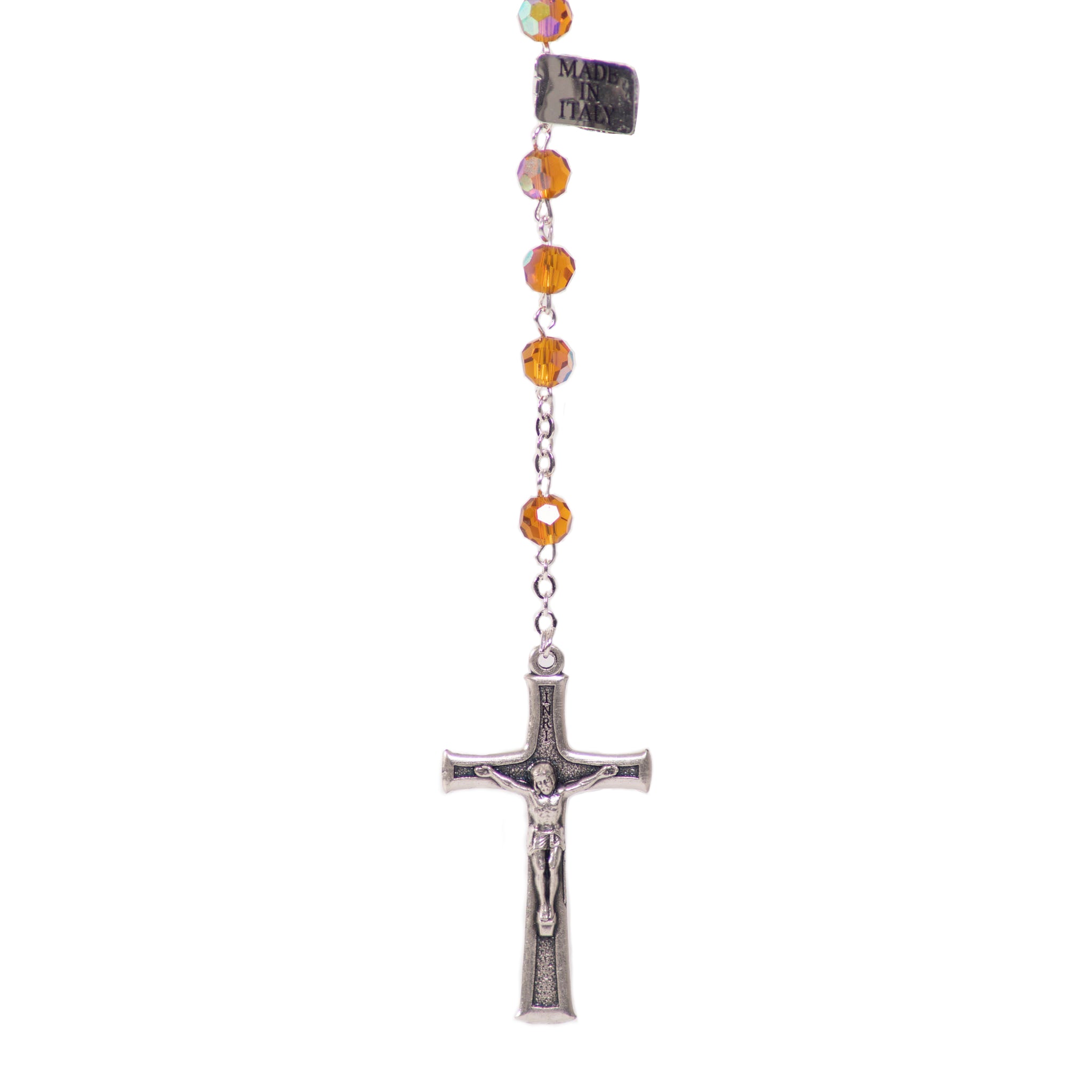 Particolare Rosario in cristallo con medaglia arancione - Galleria Mariana