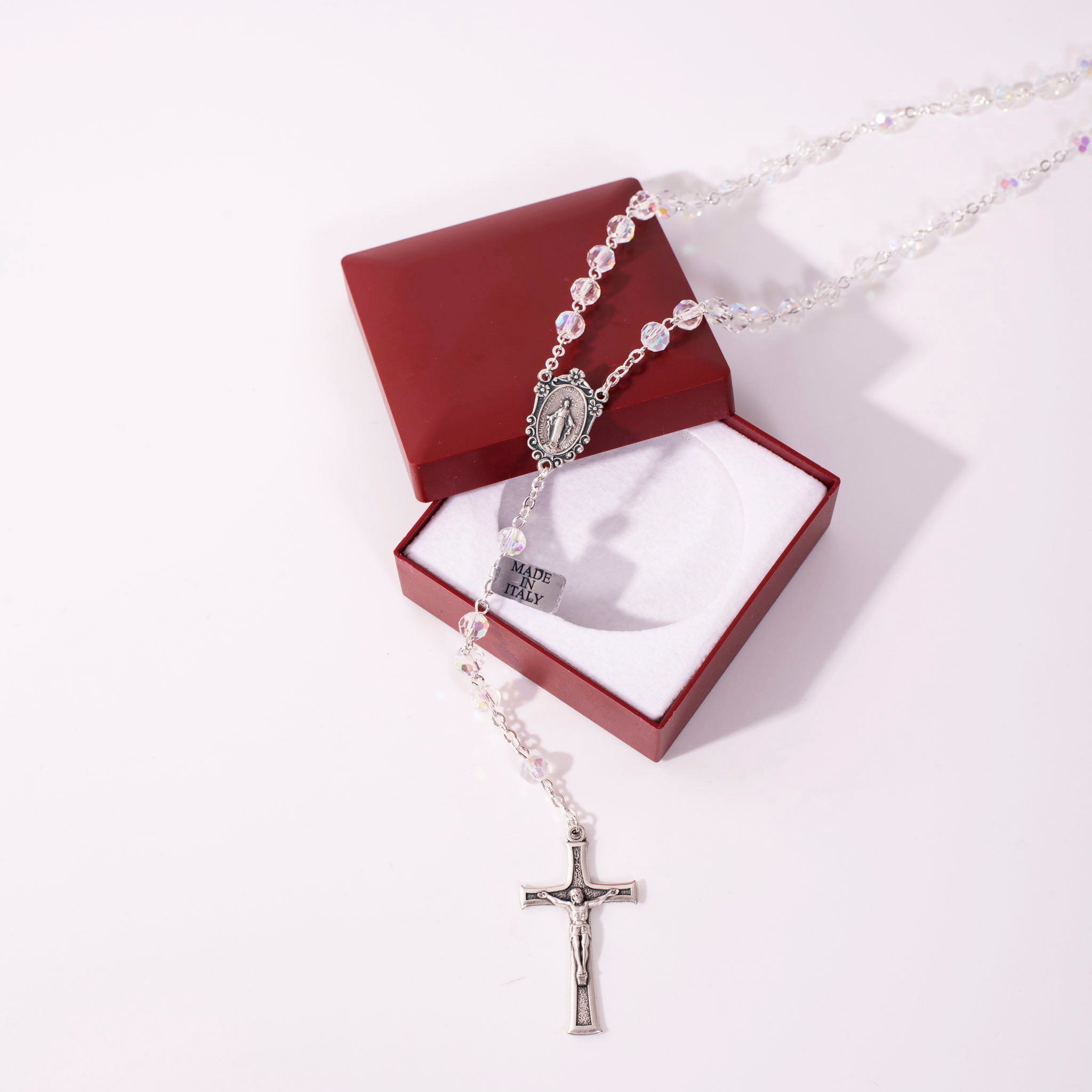 Scatola Rosario in cristallo con medaglia trasparente - Galleria Mariana