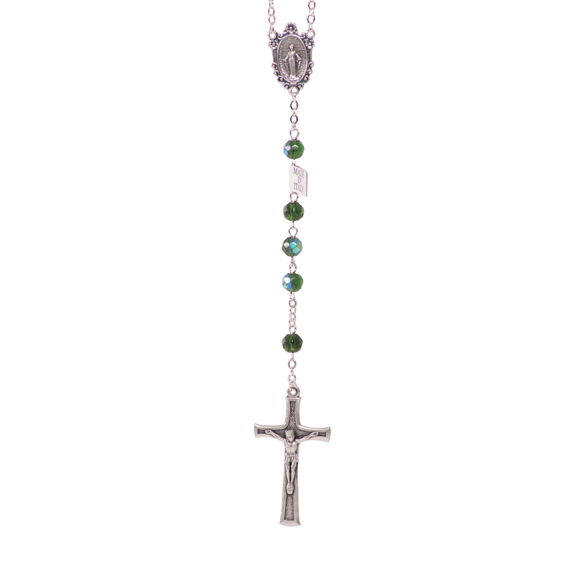Particolare Rosario in cristallo con medaglia verde - Galleria Mariana