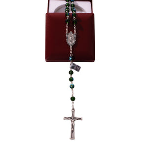Scatola Rosario in cristallo con medaglia verde - Galleria Mariana