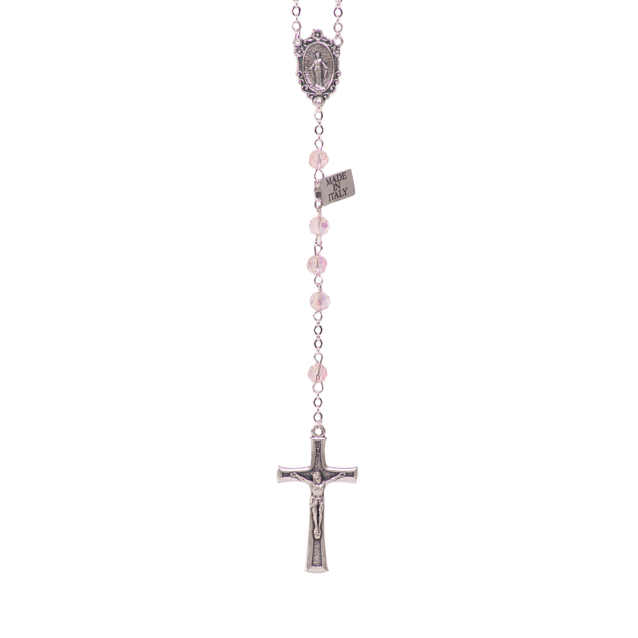 Particolare Rosario in cristallo con medaglia rosa - Galleria Mariana