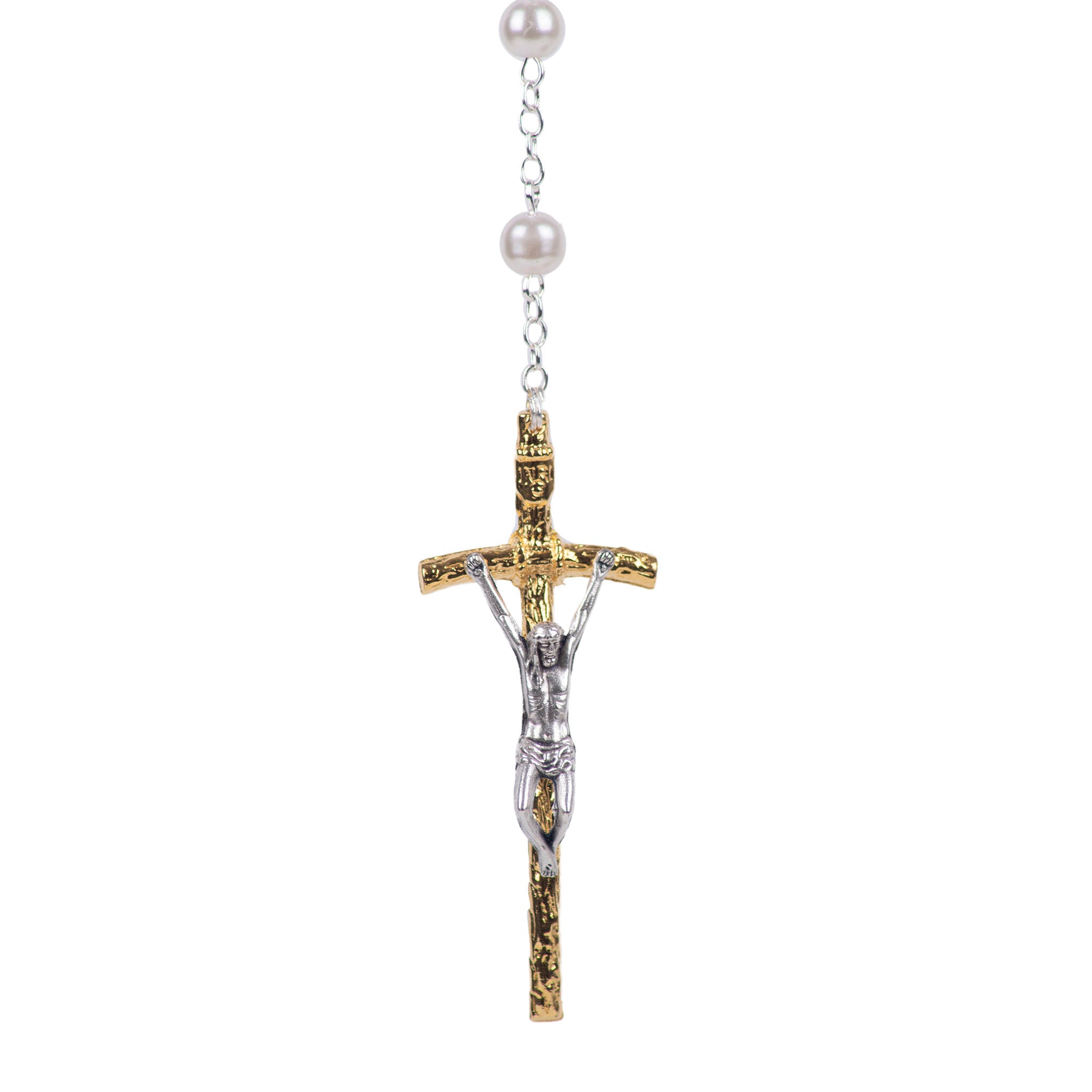Particolare Rosario con perline bianche e medaglietta del Sacro Cuore di Gesu e crocifisso dorato - Galleria Mariana