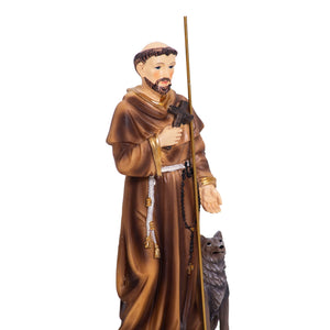 Particolare Statua in resina di San Francesco d'Assisi con lupo - Galleria Mariana
