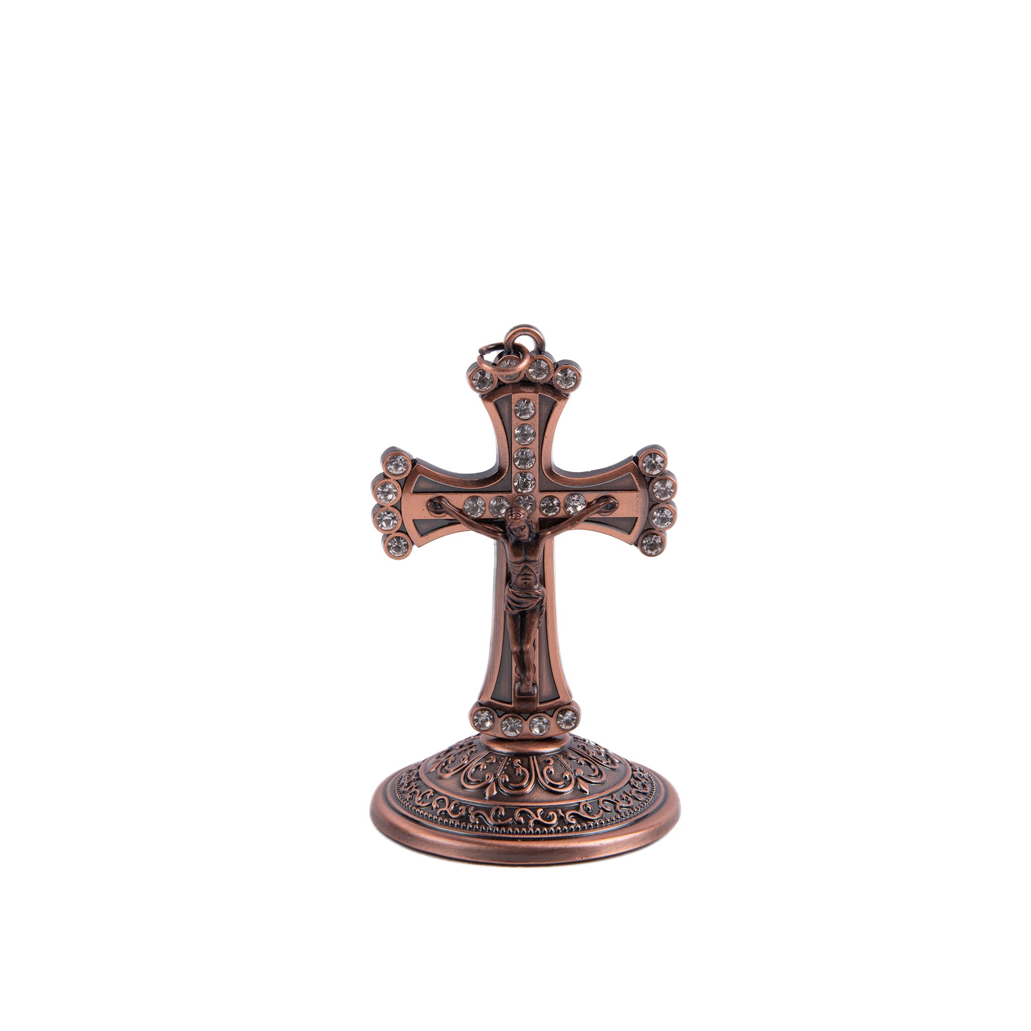 Crocifisso in ottone ramato con diamanti e base - Galleria Mariana