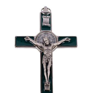 Particolare Crocifisso di San Benedetto in metallo colorato verde - Galleria Mariana