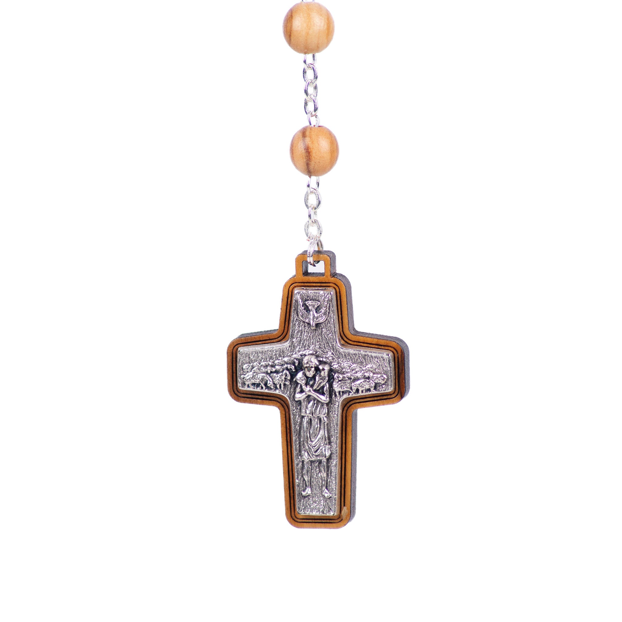 Particolare Rosario in legno di ulivo chiaro con croce del Buon Pastore - Galleria Mariana