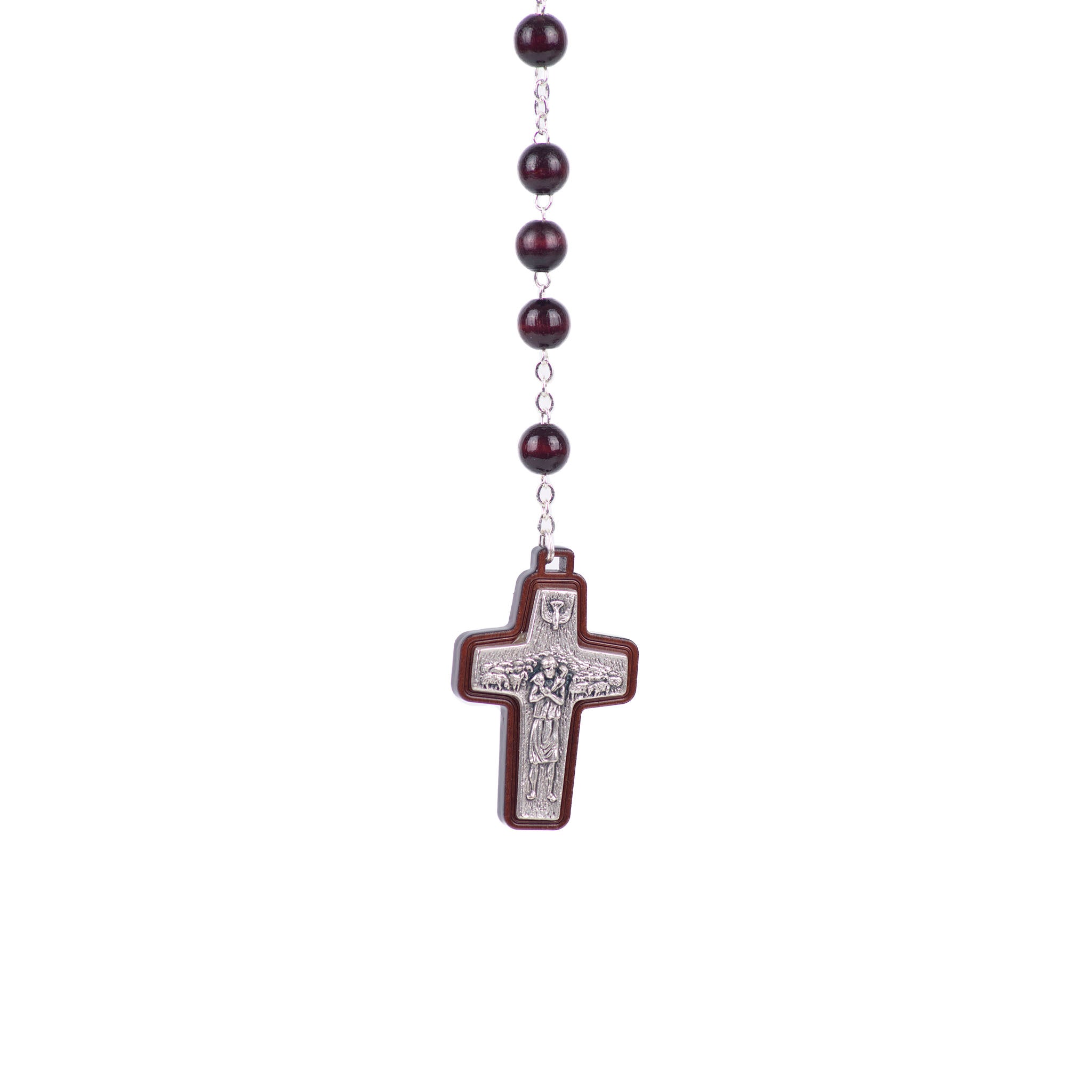 Particolare Rosario in legno di ulivo scuro con croce del Buon Pastore - Galleria Mariana