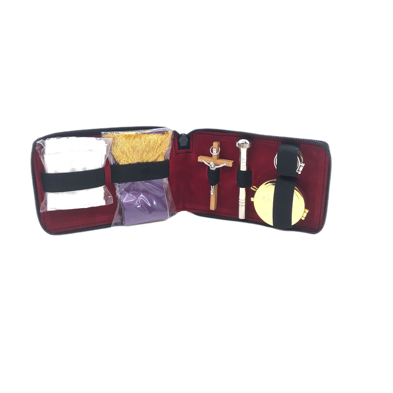 Borsa da celebrazione in pelle di vitello con pisside, croce, stola e asperges - Galleria Mariana