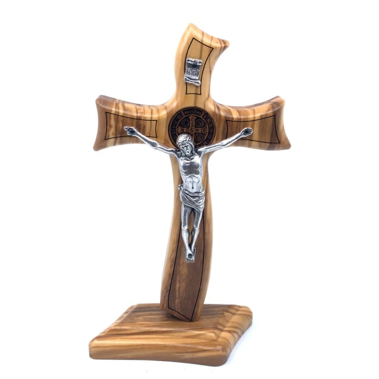 Crucifix olive wood wavy base St. Benedict - Galleria Mariana