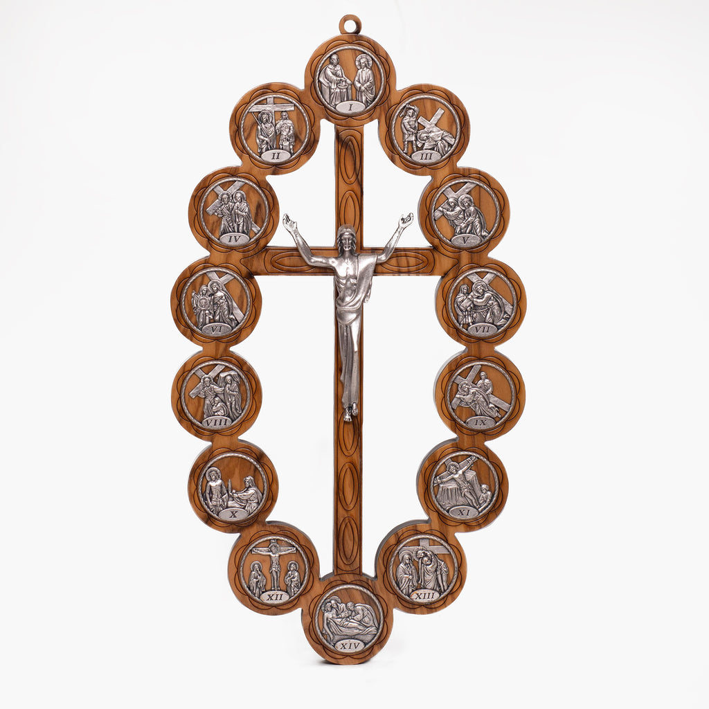 Crocifisso ovale della Via Crucis in legno di ulivo - Galleria Mariana
