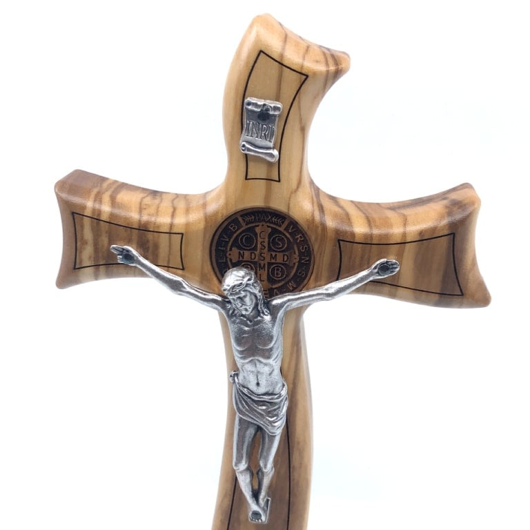 crucifix olive wood wave base st. benedict - galleria mariana
