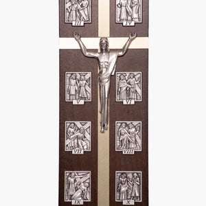 Crocifisso rettangolare della via crucis in legno e metallo con stazioni - Galleria Mariana