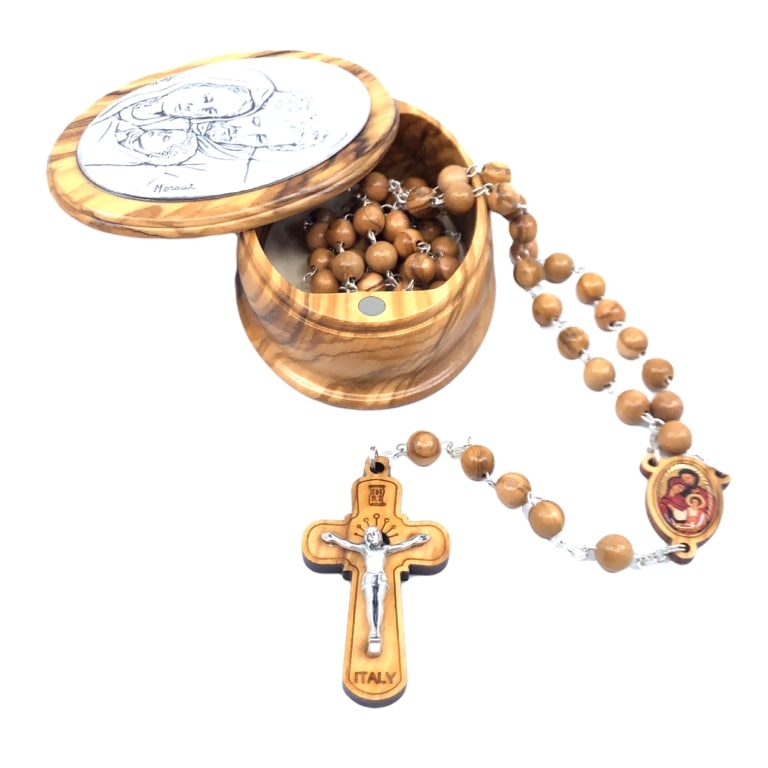 Olive wood rosary of the holy family with case with silver plate- Galleria Mariana