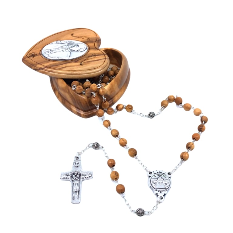 Olive wood rosary of Pope Francis with heart shaped case in silver - Galleria Mariana