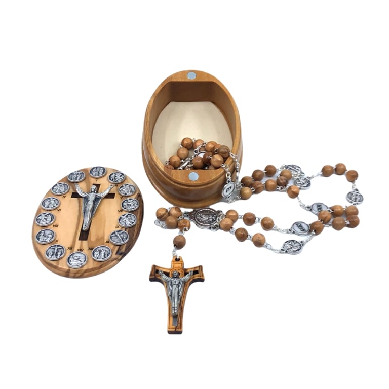 Olive wood rosary of Via Crucis with wood case and silver - Galleria Mariana